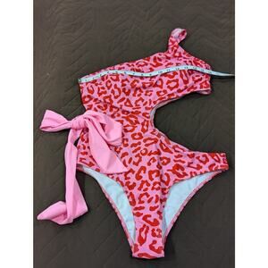 Cutesy 1980's pink & hot pink cheetah open one piece one shoulder swimsuit XL